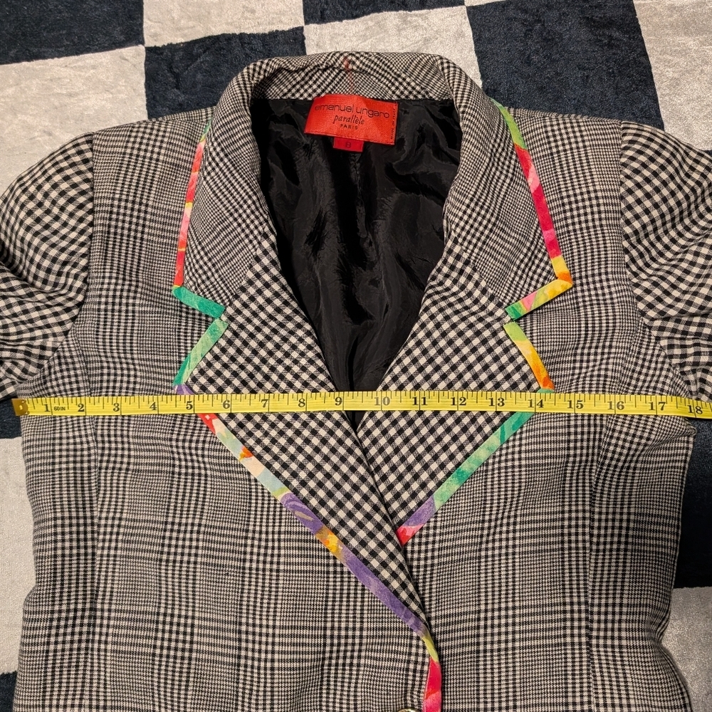 RARE Vintage Emanuel Ungaro Black and White Plaid Blazer Tie Dye Trim - Picture 10 of 10